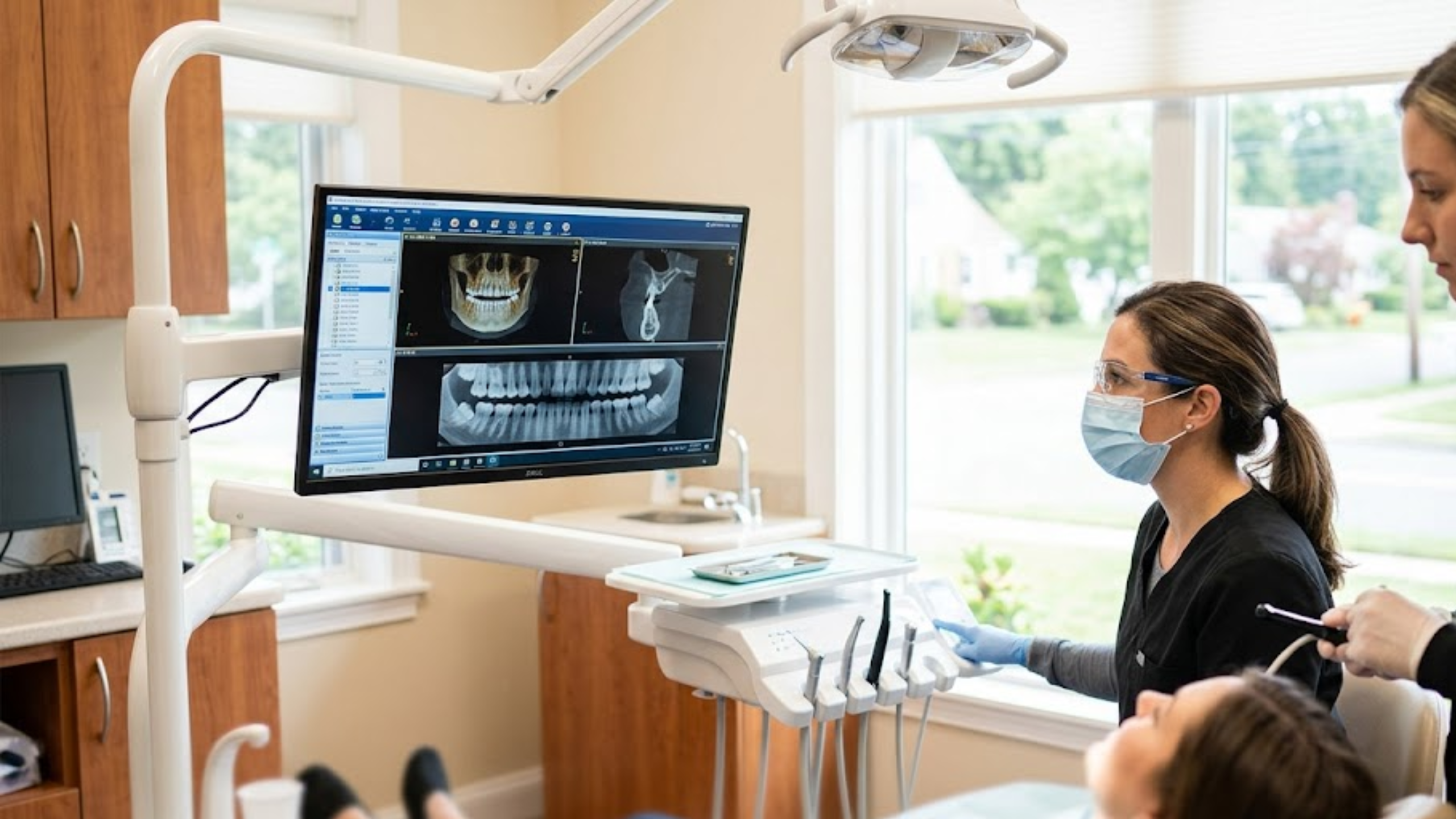 A professional dental technician working in a bright office with a laptop, managing patient records securely.